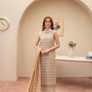 Merakhi 3PC lawn Chickenkari suit with laser-cut embroidery, embroidered sleeves, and skin slub dupatta