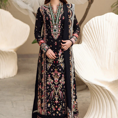 Qalamkar black embroidered cotton suit with khaddi net dupatta – front view showing intricate threadwork and elegant contrast detailing