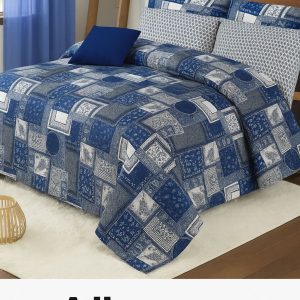 Alkaram Design D-764 multicolor cotton bed sheet with blue patchwork print and two pillow covers