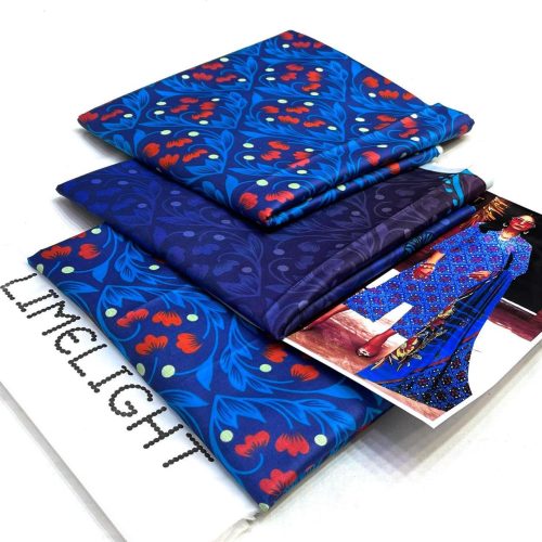Blue printed lawn suit by Limelight with chiffon dupatta and plain trousers – unstitched 3-piece summer outfit