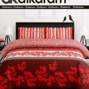 Alkaram red cotton bed sheet set with floral print and matching pillow covers