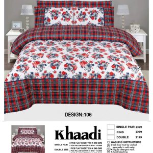 Khaadi 3-piece bed sheet set with red and grey floral print – Design #106