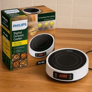 Philips PH-402 Digital Ceramic Cooker with Crystal Plate on Wooden Table – Box and Product Displayed