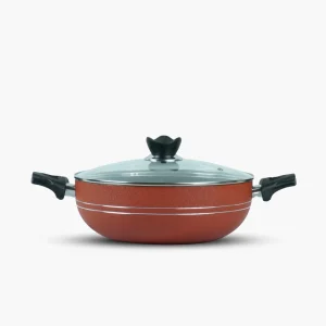 Klassic Nonstick Karahi 26CM with Glass Lid – Red Front View
