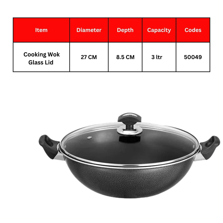 Sonex Nonstick Karahi 27CM Black with Glass Lid – Durable Cookware for Everyday Cooking