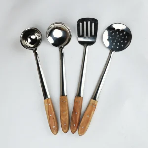 Steel cooking spoon set with wooden handles