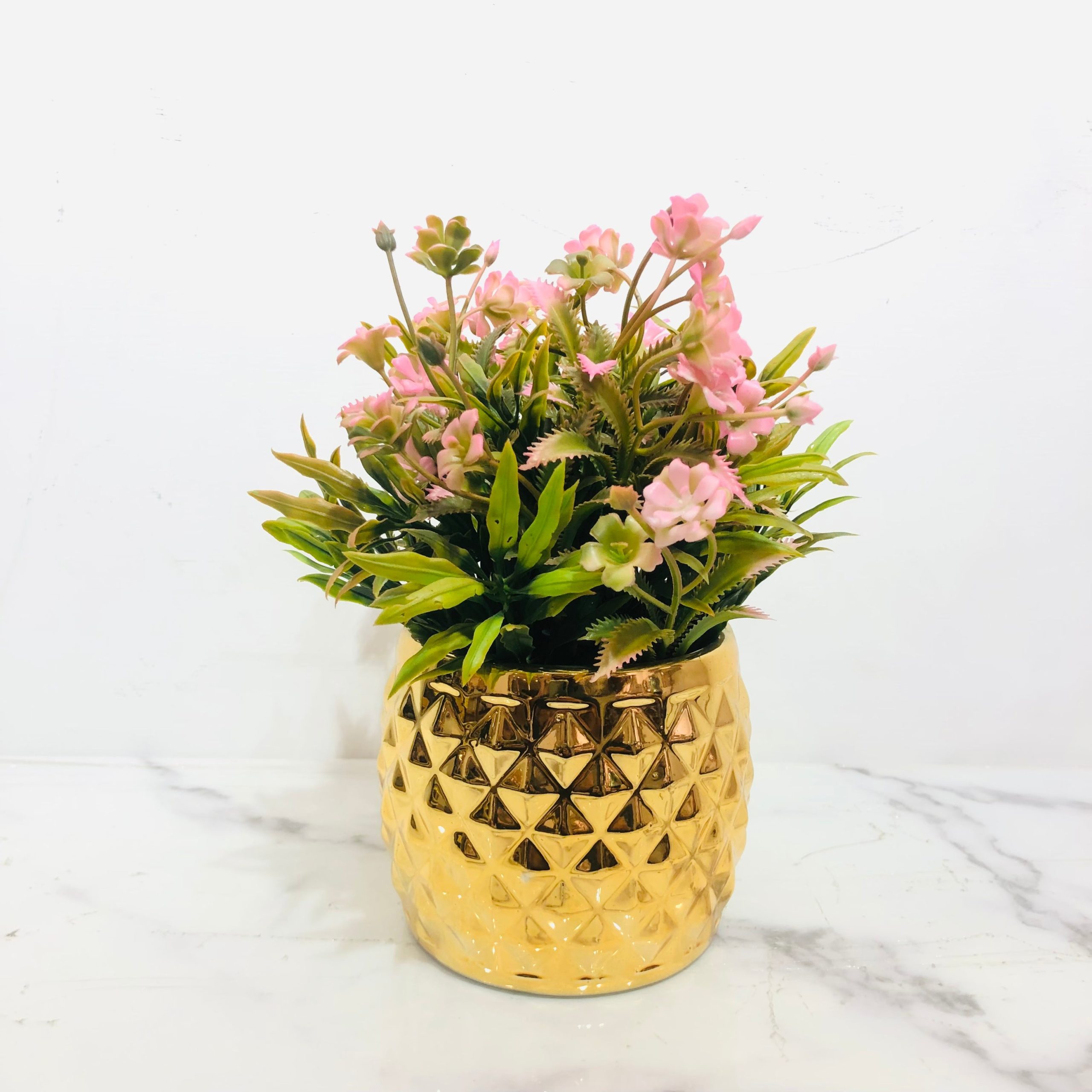 Pink Artificial Flower Planter with Ceramic Golden Pot